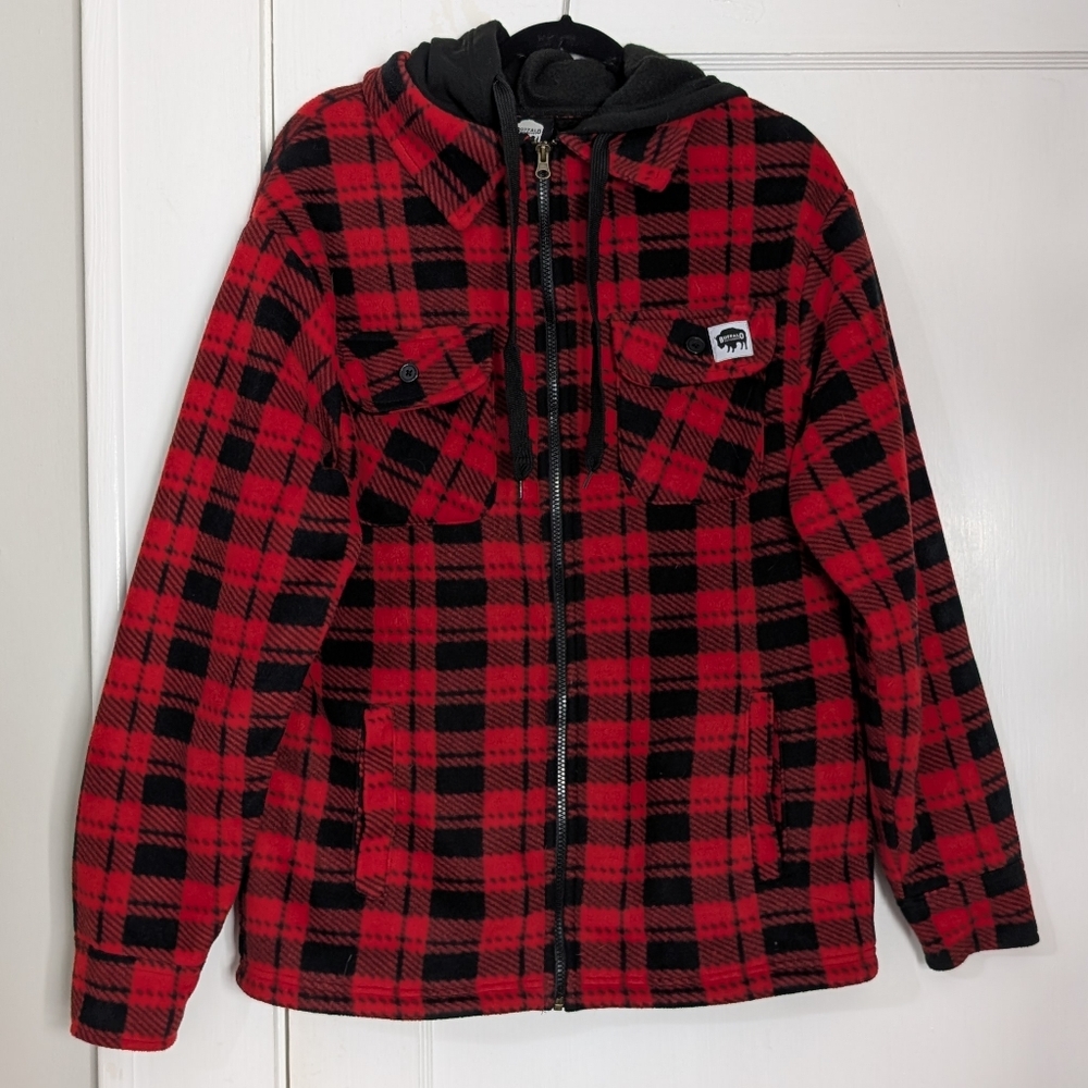 Buffalo Outdoors Men’s M Red Black Plaid Hooded Fleece Zip Jacket Shacket